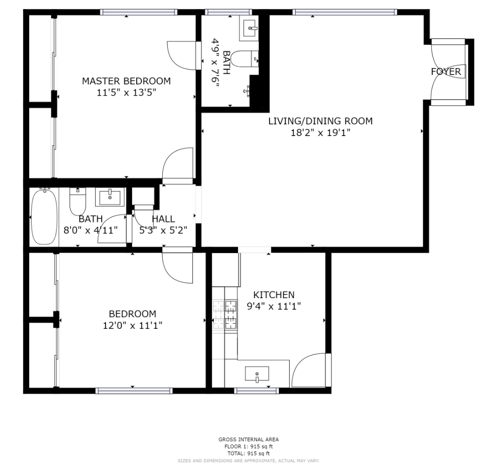 Floor plan for 2 beds, 1.2 baths, 650 sqft